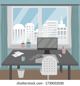 The home workplace with monitor, table, chair and other interioir elements. Vector illustration. 