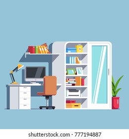 Home workplace office desk with opened windows on desktop computer. Room interior, swiveling rolling chair, office table, cabinet, books, document folders on shelves. Flat interior vector illustration
