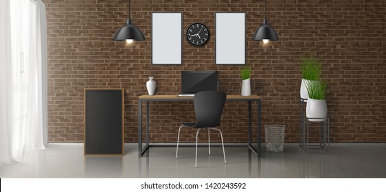 Home workplace, office room 3d realistic vector minimalistic design or loft style interior with laptop on work desk, blank paintings, photo frames on brick wall, hanging lamps, flowerpots illustration