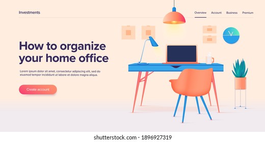 Home workplace or office room interior in isometric vector ilustration. Remote job place with laptop computer, desk an chair. Stylish contemporary furniture and equipment. Web banner layout.