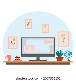 Hogar. La oficina en el hogar y el trabajo desde el concepto del hogar. Interior para freelancer, con ordenador, mesa, taza y trozo de tarta, y maceta de planta.