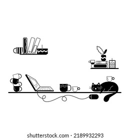 home workplace. table with laptop, cat and cups of coffee. work from home. freelancer works and drinks coffee. remote work black and white outline vector illustration. 