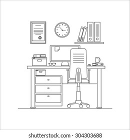 Home workplace thin line flat vector design.