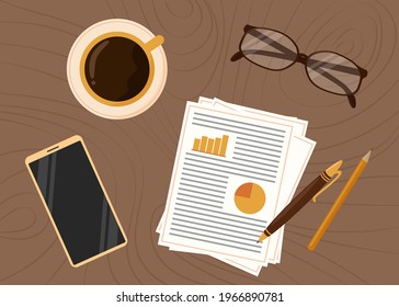 Home workplace top view. Office supplies with cup of coffee and mobile phone on the table. Wooden background. Vector illustration.
