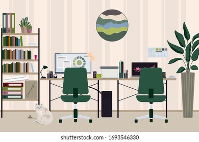 Home workplace for two and cat