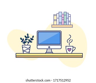 Home workplace vector cute line art illustration