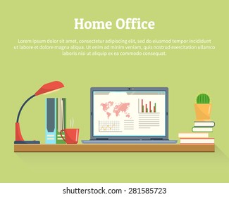 Home workplace.  Vector flat illustration Workspace for freelancer and home work.