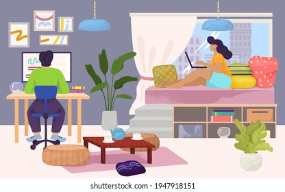 Home workplace, vector illustration. Man woman person character work with laptop computer online, flat freelance. People couple freelancer