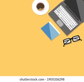 Home workplace, workspace with laptop, glasses, diary, coffee mug. Flat style vector illustration. Top view
