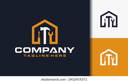 Vector del logotipo del equipo del taller casero, con la casa, el martillo, la llave, el destornillador y los iconos del cepillo de la pintura