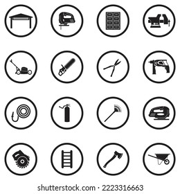 Home Workshop Icons. Black Flat Design In Circle. Vector Illustration.