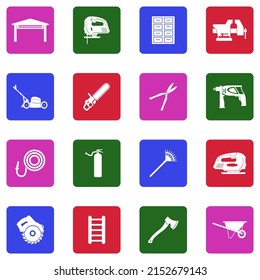 Home Workshop Icons. White Flat Collection In Square. Vector Illustration.