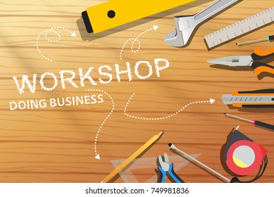 Home workshop wood table with hand tools