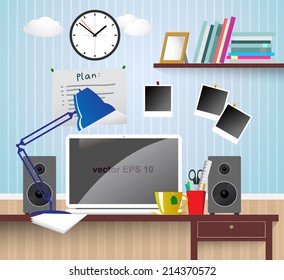 Home workspace with computer, speakers, lamp, books, clock, photo frames, and furniture. Vector