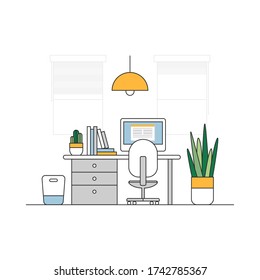 Área de trabajo principal. Espacio de trabajo moderno de diseño. El desarrollador de vectores de línea plana trabaja con computadora de escritorio. Ilustración del área de trabajo de Studio. Trabajar desde casa. Interior del espacio de trabajo.