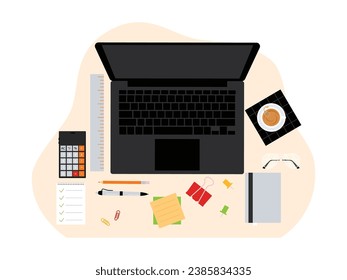 Home workspace, office supplies, stationery, notebook, sticky note, glasses, calculator, desk top view vector illustration.