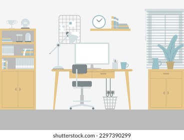 Interior del espacio de trabajo en casa durante el día con escritorio de trabajo, silla, monitor de ordenador de escritorio en blanco, mobiliario, ventana y pared blanca en diseño plano