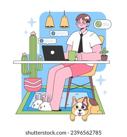 Home workspace scene. Man with laptop enjoying a quiet moment, sipping coffee, with playful pets beneath the desk and cactus decor. Comfort meets productivity. Flat vector illustration