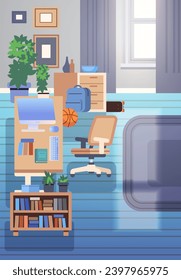 Home workspace for studying. Top view interior workplace. Flat vector illustration