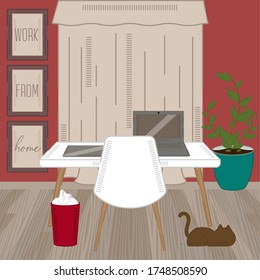 Área de trabajo principal. Cartel de trabajo desde casa. Home Office - Vector