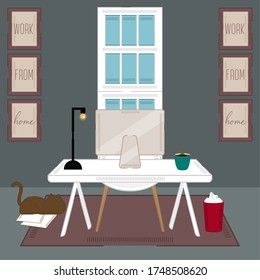 Área de trabajo principal. Cartel de trabajo desde casa. Home Office - Vector