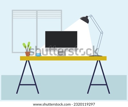 Home workspace,Work from home concept,Computer on the table with a Table lamp, coffee mug, window. Vector illustration.