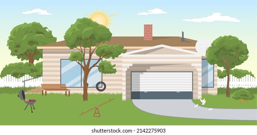 Home yard vector. House backyard illustration. Garden, fence, lawn, residential apartment and bbq equipment background