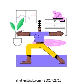Home yoga abstract concept vector illustration. Home quarantine training, power yoga online class, relief stress, mindfulness, live streaming, stay home, social distance abstract metaphor.