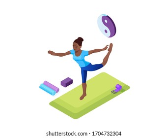 Home yoga with african woman doing physical fitness exercise, isometric 3d isometric vector illustration with sport training, relaxation and meditation in quarantine time and isolation period