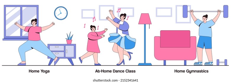 Home yoga, at-home dance class, home gymnastics concepts with people characters. Stay active amid quarantine illustrations pack. Quarantine training, online lesson, video tutorial, workout metaphor.