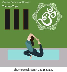 Home Yoga Class with young girl sitting yoga pose with sign. Vector Illustration.