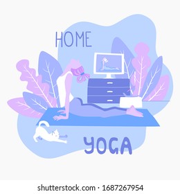 Clases de yoga casero en línea. Una chica y un gato hacen asanas, repitiendo después del entrenador en la pantalla. Hombre plano dibujado a mano aislado en el apartamento. Ilustración vectorial de material sobre fondo blanco.