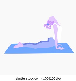 Home yoga classes online. A girl in sport clothes doing asana. Sport and activity on quarantine self-isolation . Stock vector flat illustration isolated on white background.