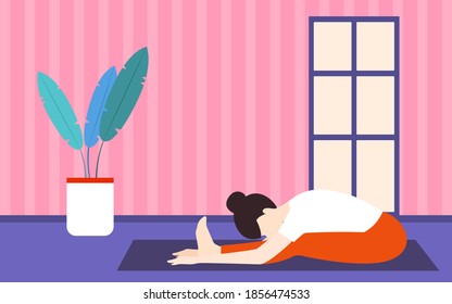 Home yoga Colorful vector illustration in flat design Woman is training on yoga mat at her home