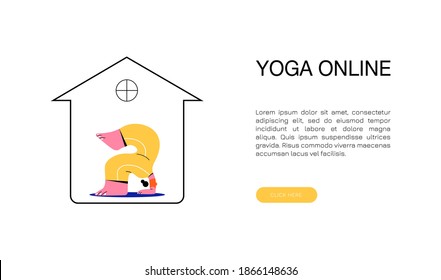Home Yoga concept. Meditation online. Exercises for stress relief and relaxation. Flat vector illustration.