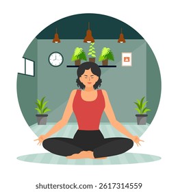 Home yoga concept. A serene indoor scene featuring a woman meditating in a cross legged position, surrounded by plants. Flat vector modern illustration 