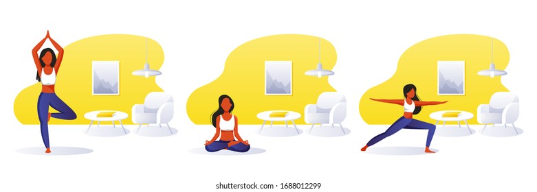 Ejercicio de yoga en casa, meditación. Joven haciendo yoga en habitación moderna. Dibujos de dibujos animados planos vectoriales. Un estilo de vida saludable y un tiempo relajante en casa. Caracteres de chicas ambientados en diferentes poses