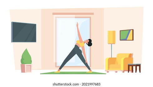 Home yoga. Family healthy active stretch gymnastic person making exercises in living room garish vector background