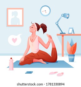 Home yoga flat vector illustration. Cartoon happy young beautiful woman character doing asana yoga pose and meditating in home modern room interior. Healthy lifestyle, indoor sport workout background