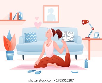 Home yoga flat vector illustration. Cartoon young beautiful woman character sitting in asana yoga pose, doing yogi meditation, indoor healthy sport workout background