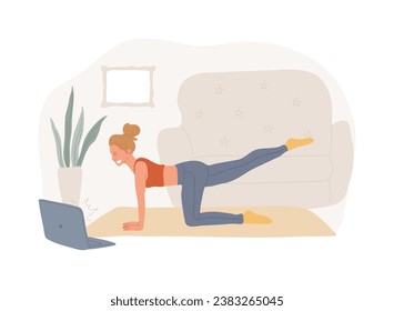 Home yoga isolated concept vector illustration. Home quarantine training, power yoga online class, relief stress, mindfulness, live streaming, stay home, social distance vector concept.