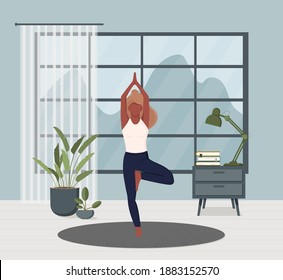 Home yoga. Meditation. Sports. Girl performs aerobics exercises and morning meditation at home. Mental health and relaxation. Stock illustration. Physical and spiritual practice. Vector graphics. svg