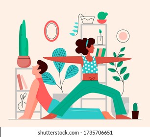 Home yoga, sport, meditation vector illustration. Yogis, young people in asanas flat characters. Bhujangasana and virabhadrasana, cobra pose and warrior pose, body balance and breathing exercises