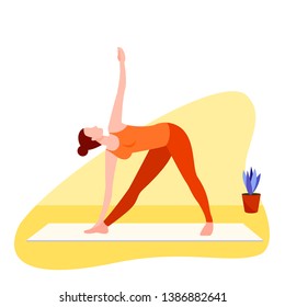 Home yoga vector illustration. Flat styled woman standing in triangle pose. Concept of female fitness, exercising, workout isolated on white background.