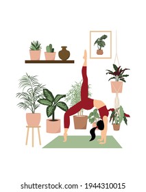 Home Yoga vector illustration. Woman doing yoga at home surrounded with plants