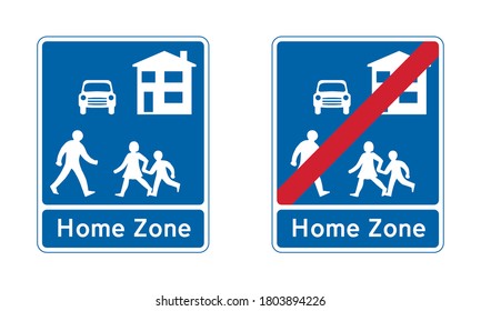 Home zone road sign set. End of play street traffic sign. Vector illustration of blue board with information for drivers. Priority for pedestrians.