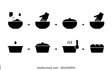 Homebaked bread, silhouette instruction. Baking process with kneading dough, second rise. Dry instant yeast, flour, oil, water, bowl, cake pan, hand. Outline icon. Black flat vector illustration