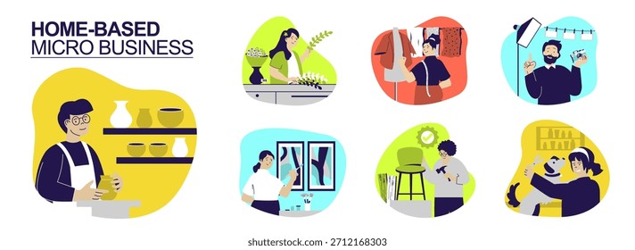Concepto de micro negocio basado en el hogar establecido para el Diseño web. Colección con personas que trabajan como alfarero, florista, artista, fotógrafo, costura de prendas de vestir, reparación de muebles y aseo de perros. Ilustración vectorial.
