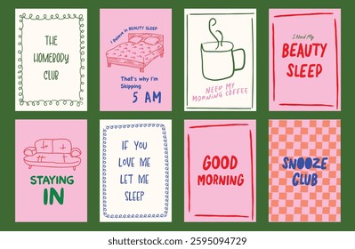 The Homebody Club Poster set of minimalist illustrations featuring sleep, coffee, and self-care themes. Hand-drawn doodles, pastel tones, and witty typography Art print for cozy home decor.