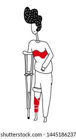 Homebody on crutches with broken leg isolated on white. Male handicapped person. Man on vacation with medical sick-leave certificate. Disable man in flat style design. Vector illustration